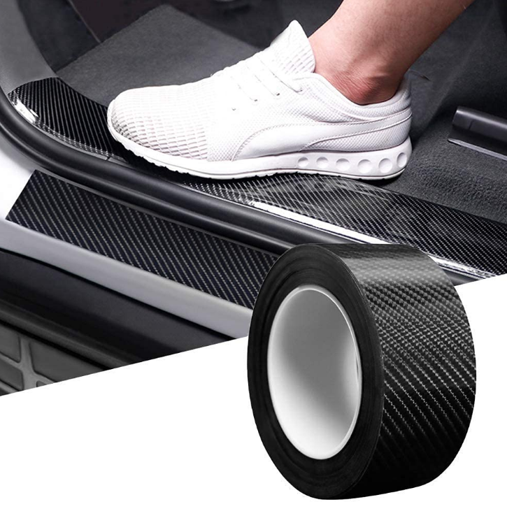 VINSU self-adhesive black carbon fiber door sill protector tape roll applied on car door step threshold