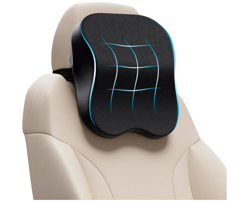 FOVERA black memory foam car neck rest cushion pillow strapped to driver seat headrest posts