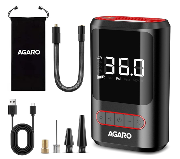 AGARO Galaxy 3-in-1 cordless digital tyre inflator air pump with LED screen connected to car tyre valve