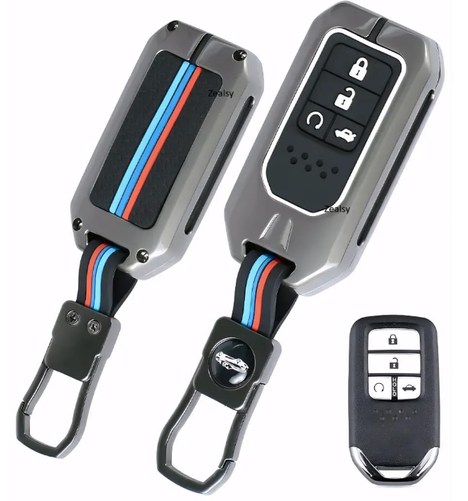 Zealsy zinc alloy metal key cover case with glow-in-the-dark silicone sleeve for Honda 4-button smart key fob