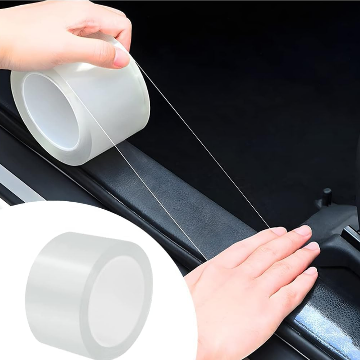 VINSU self-adhesive high gloss transparent carbon fiber door sill protection tape roll applied on car step threshold