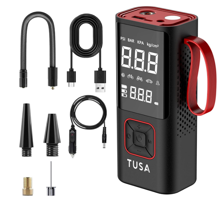 TUSA Storm X cordless digital tyre inflator pump with LED gauge and hose connected to car tyre valve