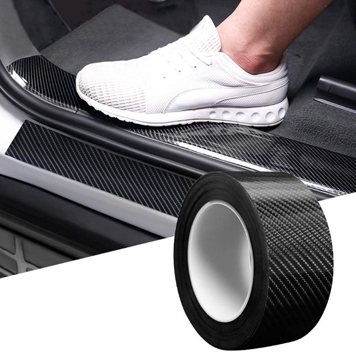 VINSU self-adhesive glossy carbon fiber door sill protector tape roll applied on car door step threshold