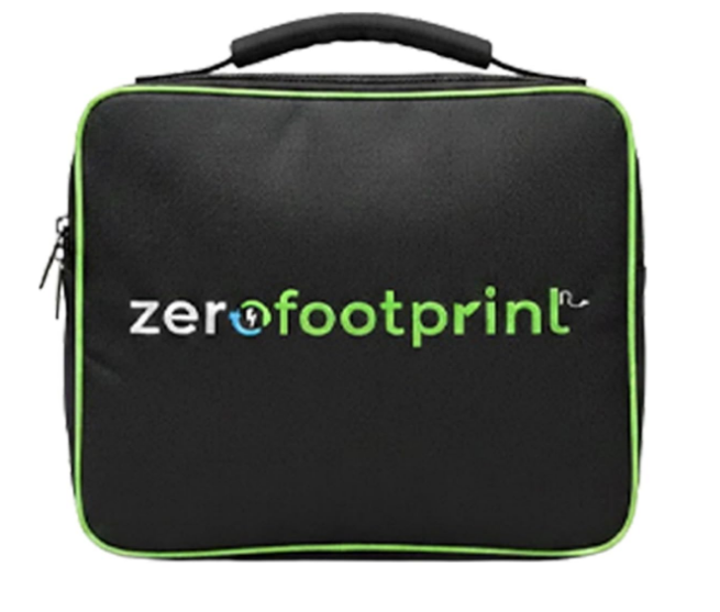 ZeroFootprint heavy-duty padded black storage bag holding portable EV charging cable and charger gun