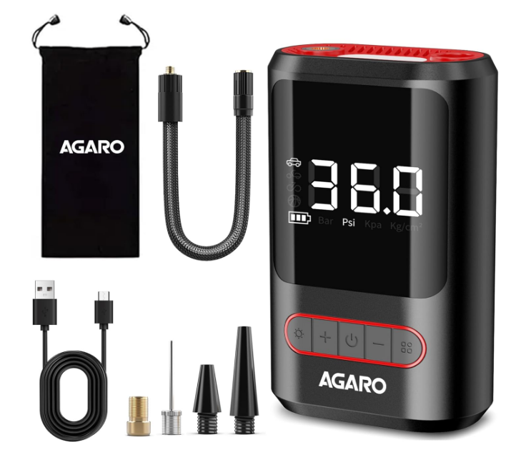 AGARO Galaxy cordless digital tyre inflator pump with LED screen and air hose attached to car tyre