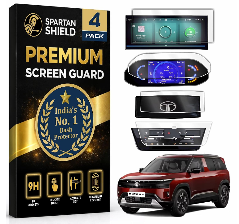 SPARTAN SHIELD 4-piece clear screen guard combo installed on TATA Sierra 10.25 inch infotainment and digital instrument cluster