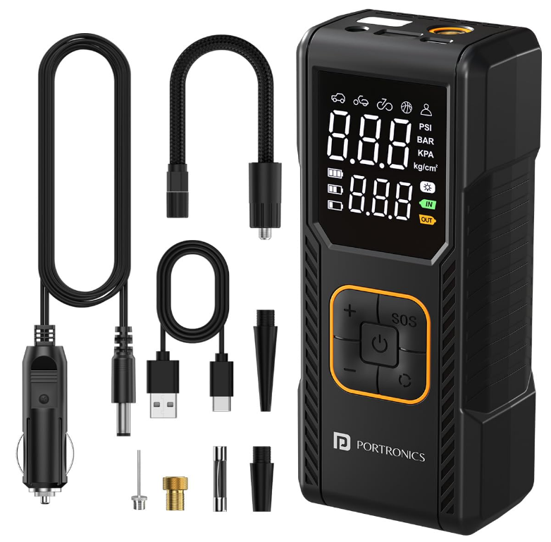 Portronics Vayu 9.0 dual-mode cordless and 12V 150 PSI digital tyre inflator connected to a car tyre