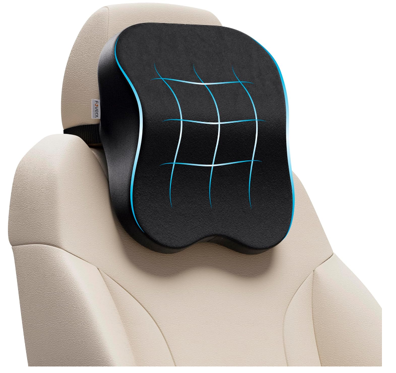 FOVERA black ergonomic memory foam car neck rest pillow attached to car seat headrest post