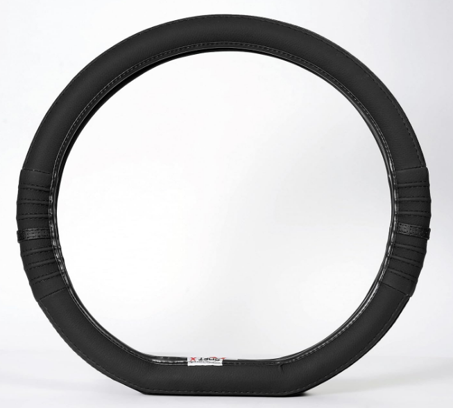 Soft X black perforated faux leather flat-bottom D-shape steering wheel cover installed on Maruti Suzuki S-Presso