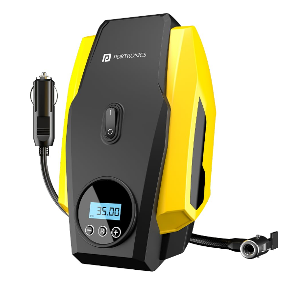 Portronics Vayu Lite 150 PSI digital 12V car tyre inflator with LED display connected to car tyre