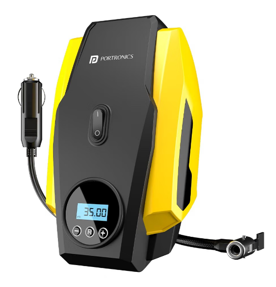 Portronics Vayu Lite 150 PSI digital 12V car tyre inflator with LED screen connected to car tyre valve