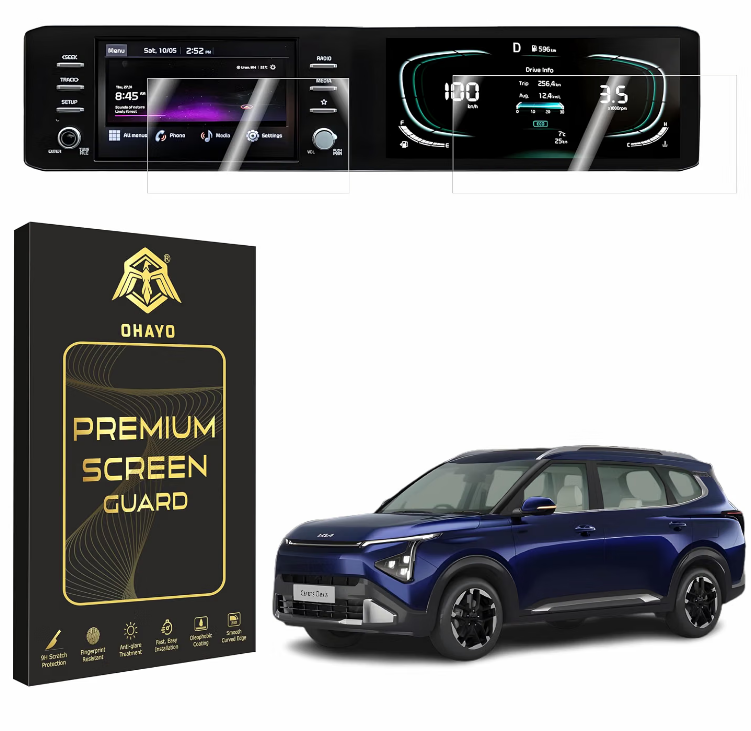 OHAYO 12.3-inch clear 9H NANO glass screen protector applied on Kia Carens Clavis digital infotainment display