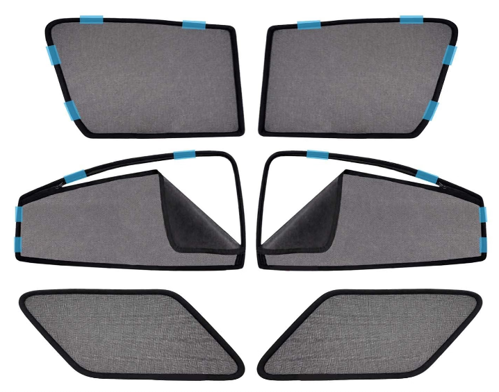 KINGSWAY pack of 6 black magnetic cotton mesh side and quarter window sunshades installed on Kia Carens MPV