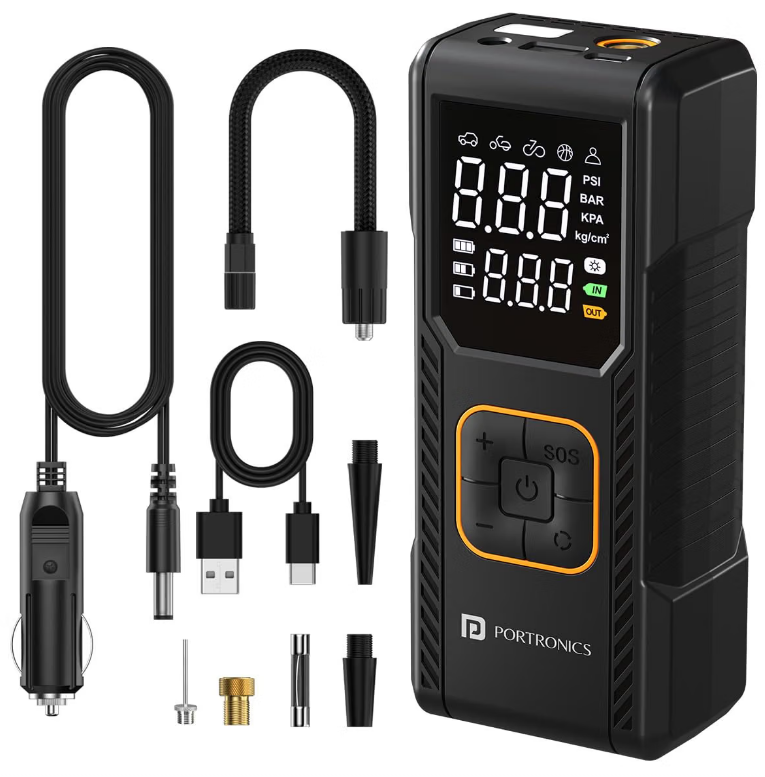 Portronics Vayu 9.0 150 PSI dual cordless and 12V corded digital tyre inflator connected to car tyre