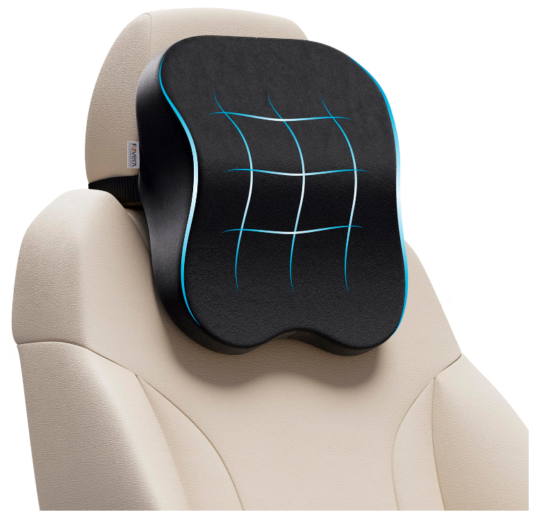 FOVERA black ergonomic memory foam headrest neck cushion strapped onto Kia Carens front passenger car seat