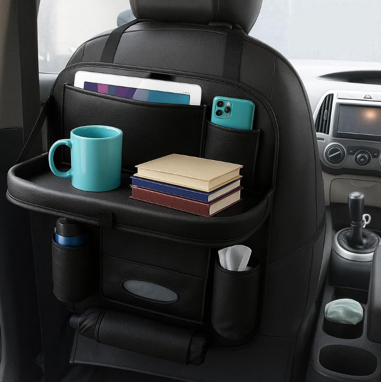 TSKN black faux leather backseat organizer with extended foldable tray table attached to front car seatback