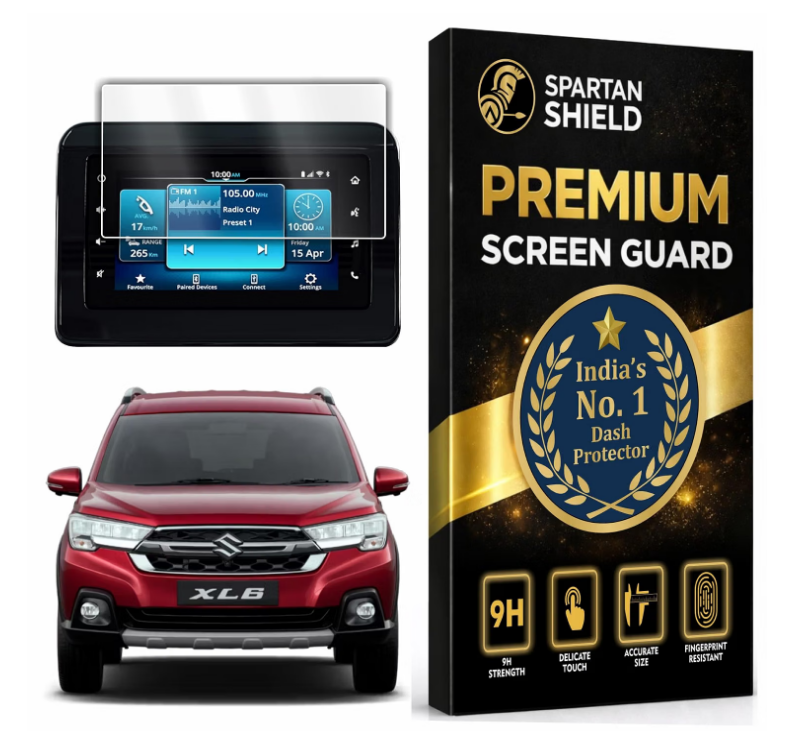 Product 2 (Spartan Shield Screen Protector): Spartan Shield 9H clear tempered glass film applied over a car infotainment display screen
