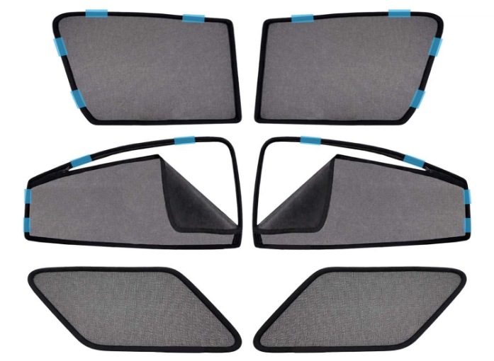 KINGSWAY pack of 6 black magnetic cotton mesh side and quarter window sunshades installed on Maruti Suzuki XL6 MPV