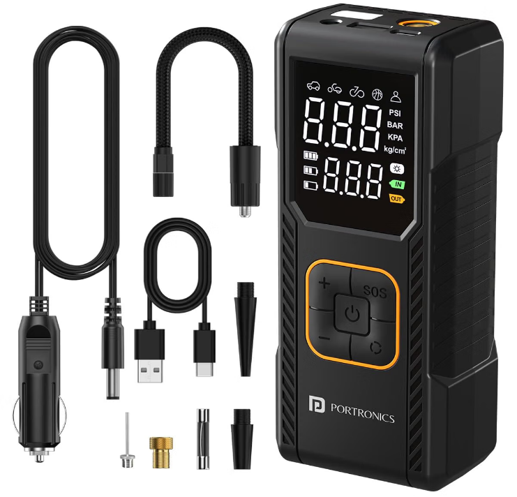Portronics Vayu 9.0 150 PSI dual cordless and 12V corded digital tyre inflator connected to car tyre