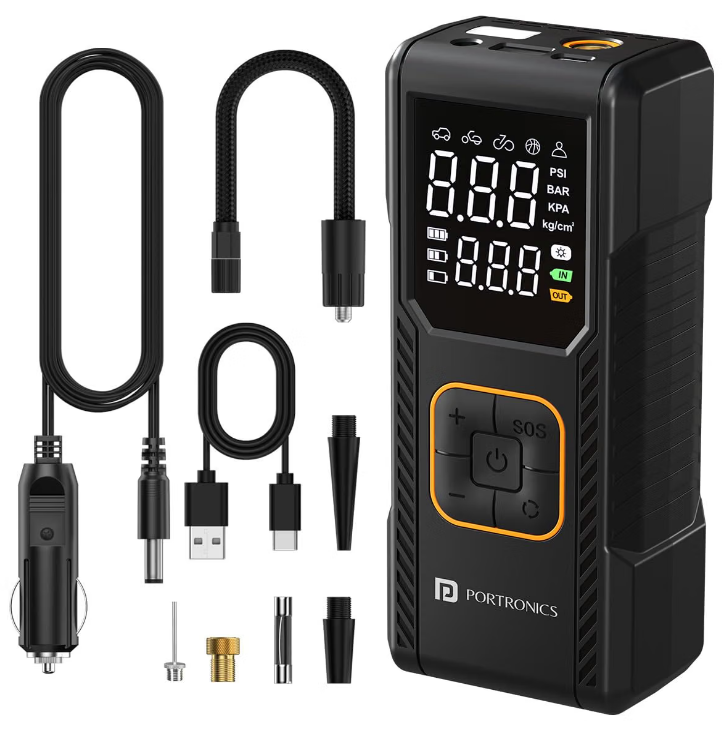 Portronics Vayu 9.0 portable digital tyre inflator held in hand connected to car wheel valve