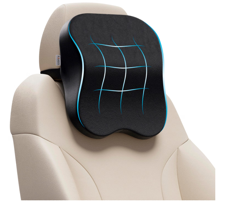 FOVERA black memory foam ergonomic car neck rest pillow mounted on front seat headrest