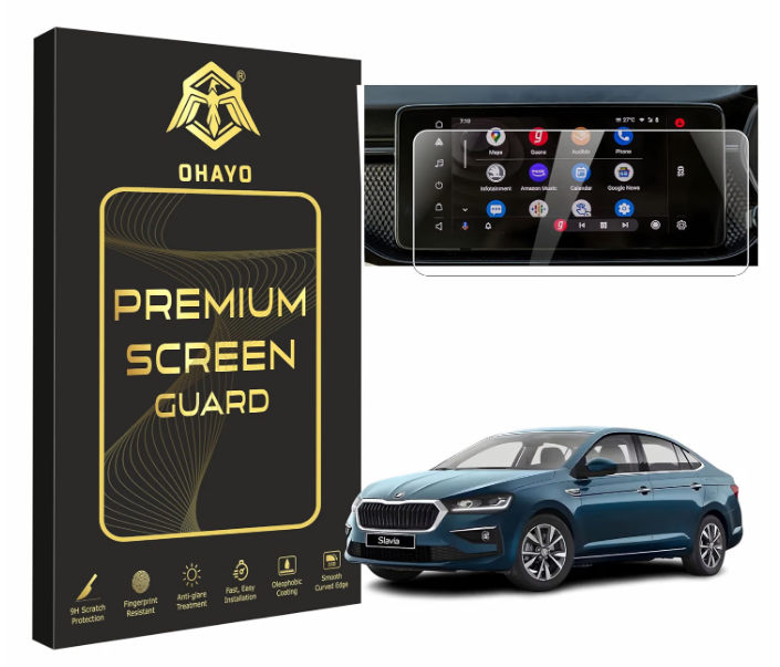 OHAYO 9H clear protective film set applied over Skoda Slavia central touchscreen and digital cluster