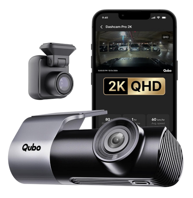 Qubo Pro 2K dual channel dashcam setup mounted on wind screen showing live road recording