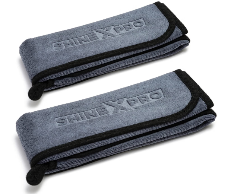 Pack of two ShineXPro 500 GSM extra large grey microfiber cleaning towels with soft suede edging