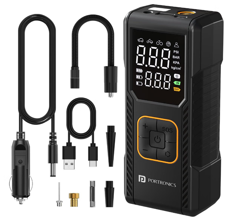 Portronics Vayu 9.0 portable digital tyre inflator held in hand connected to car wheel valve