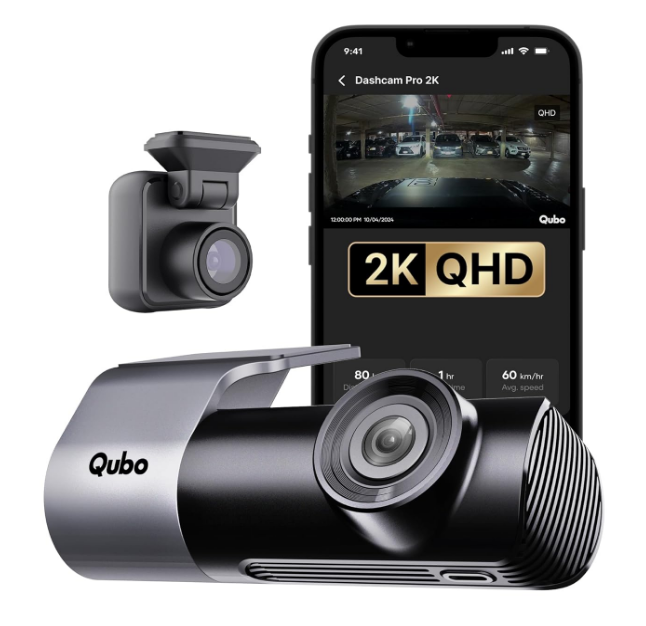 Qubo Pro 2K dual-channel front and rear camera mounted on Honda Elevate windscreen