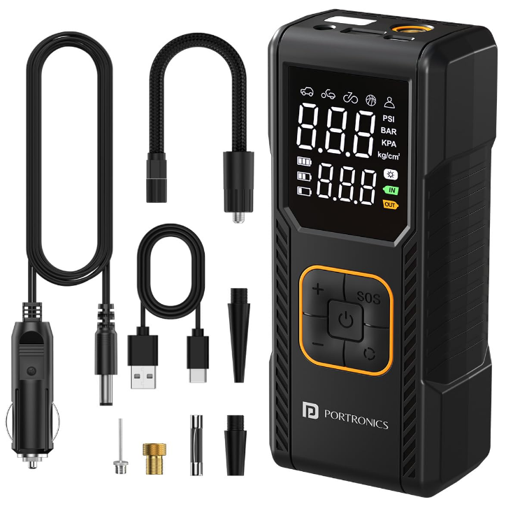 Portronics Vayu 9.0 portable digital tyre inflator held in hand connected to car tire valve