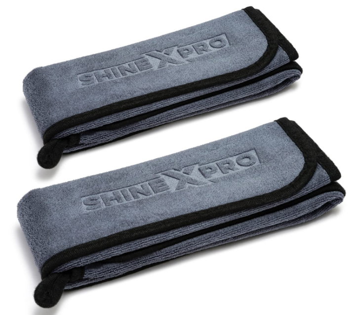 Pack of two ShineXPro 500 GSM extra-large grey microfiber car cleaning towels with soft suede borders
