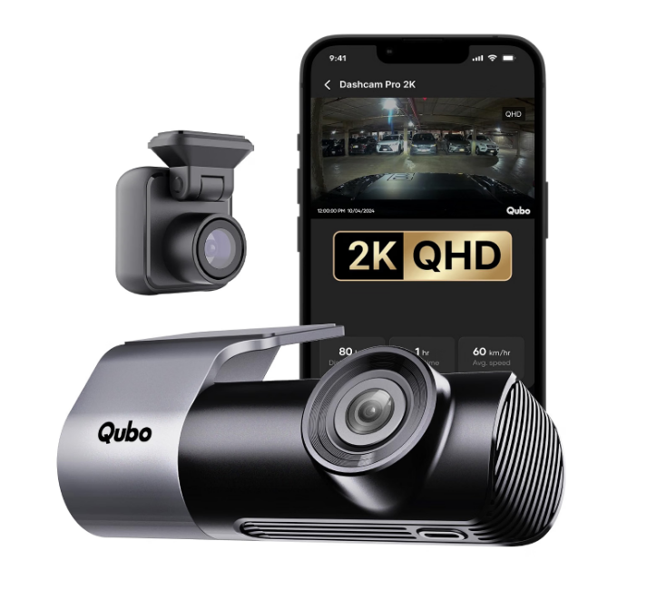 Qubo Pro 2K dual-channel front and rear dashboard camera mounted on Tata Curvv windshield