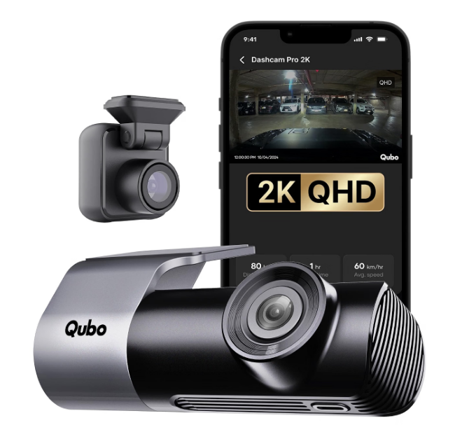 Qubo Pro 2K dual-channel front and rear dash camera mounted on Renault Triber windshield