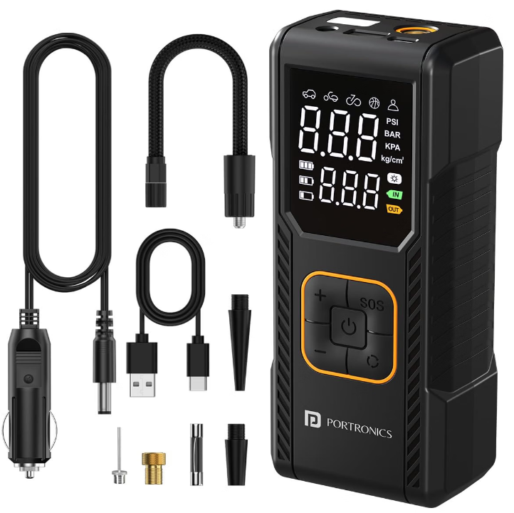Portronics Vayu 9.0 handheld portable tyre inflator with digital LED display attached to car tire valve