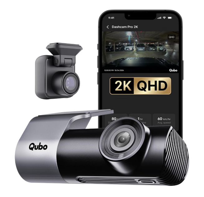 Qubo Pro 2K dual channel front and rear dash camera mounted on Renault Kiger windshield
