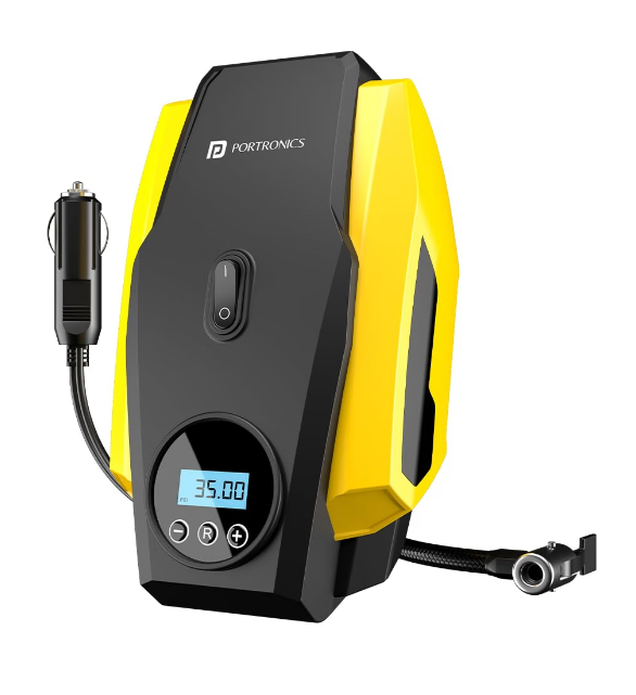 Portronics Vayu Lite 150 PSI digital car tyre inflator pump connected to car wheel valve
