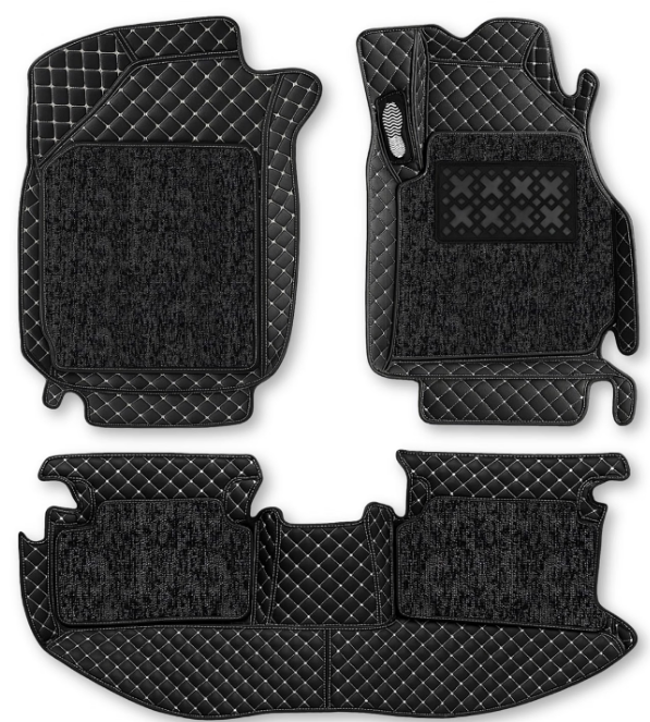 Kingsway classic black 7D PU leatherette floor mats with detachable grass layer installed in Toyota Glanza footwell