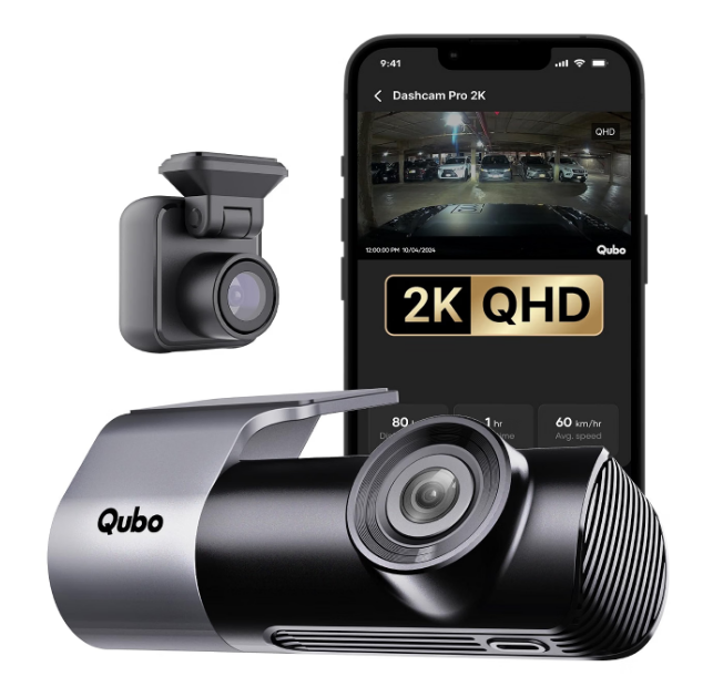 Qubo Pro 2K dual channel front and rear camera mounted on Toyota Glanza front windshield