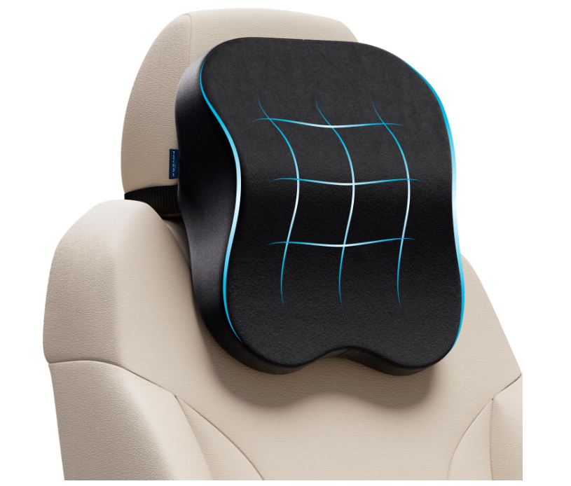 FOVERA black memory foam car seat neck rest cushion with adjustable strap attached to headrest