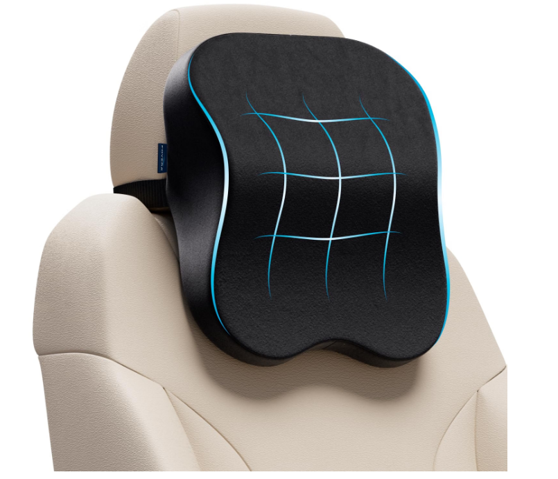 FOVERA black memory foam car seat neck rest cushion with adjustable strap attached to headrest
