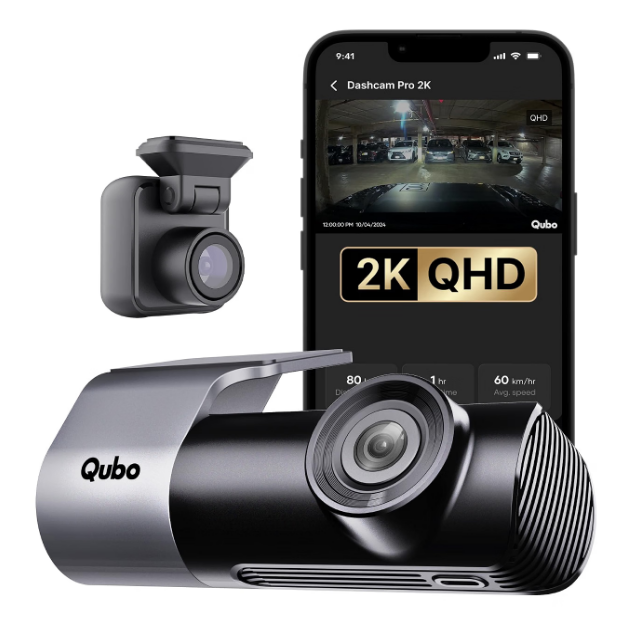 Qubo Dashcam Pro 2K dual channel front and rear camera mounted on Honda City front windshield