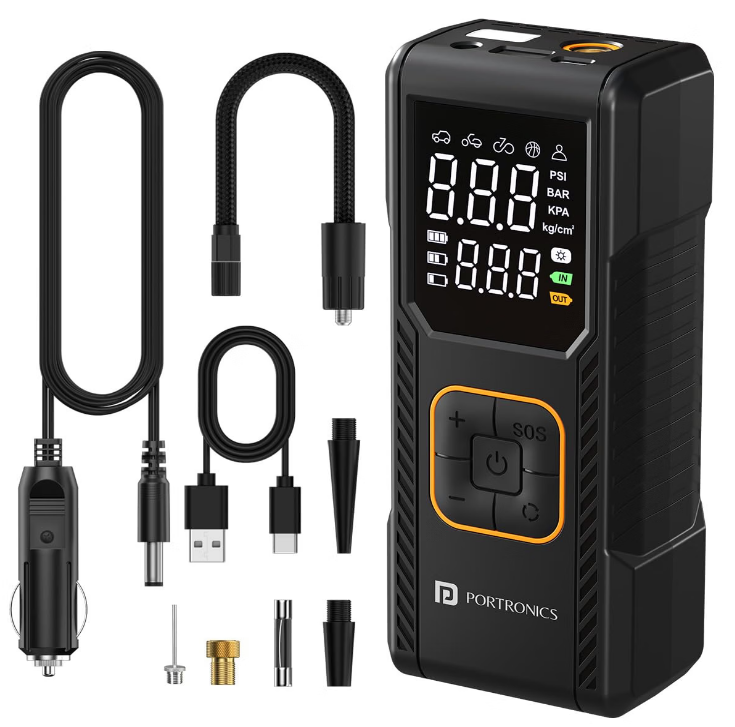 Portronics Vayu 9.0 150 PSI digital dual-mode tyre inflator pump connected to car wheel valve
