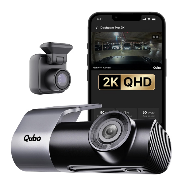 Qubo Dashcam Pro 2K dual-channel front and rear windshield mounted camera setup for MG Comet EV