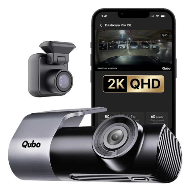 Qubo Dashcam Pro 2K dual channel front and rear windshield camera mounted in TATA Harrier