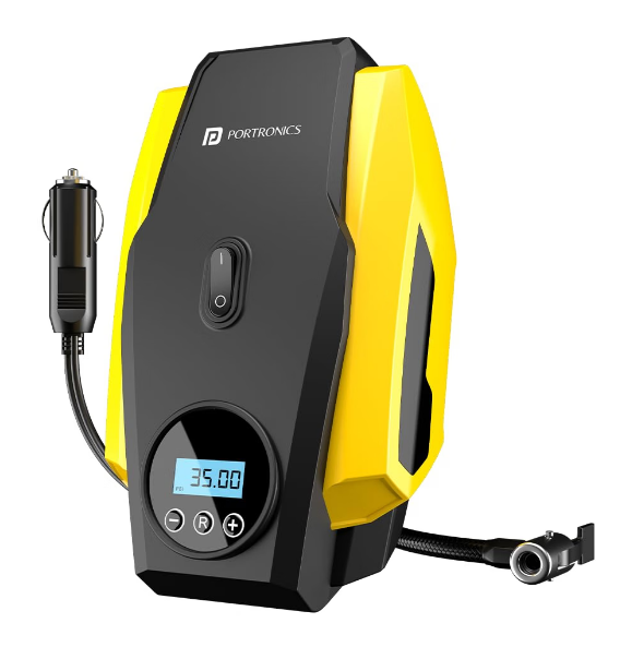 Portronics Vayu Lite 150 PSI digital portable car tyre inflator pump connected to tire valve