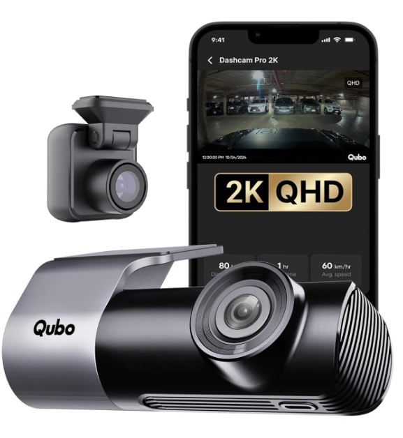 Qubo Dashcam Pro 2K dual channel front and rear windshield camera mounted in Tata Safari
