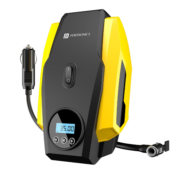 Portronics Vayu Lite 150 PSI digital portable electric car tyre inflator pump connected to tire valve