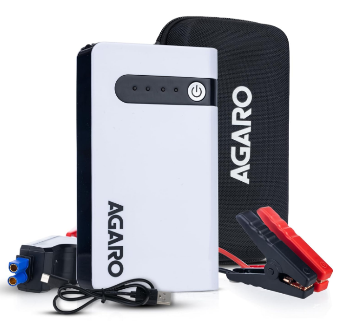 AGARO Primo 12000mAh portable car jump starter with smart battery cable clamps and LED flashlight