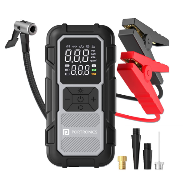 Portronics Vayucop Neo 2 in 1 rechargeable 12V car battery jump starter and digital tyre inflator pump